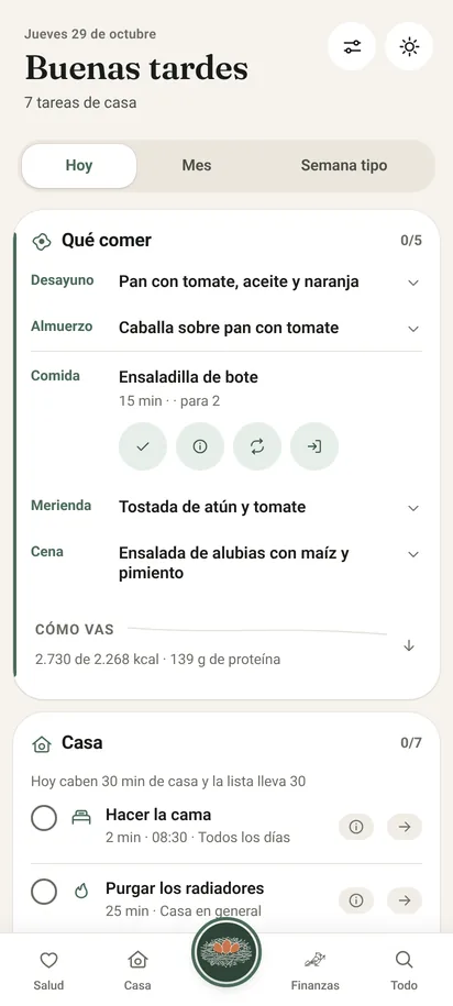 La pantalla Hoy, con el menú del día y las tareas