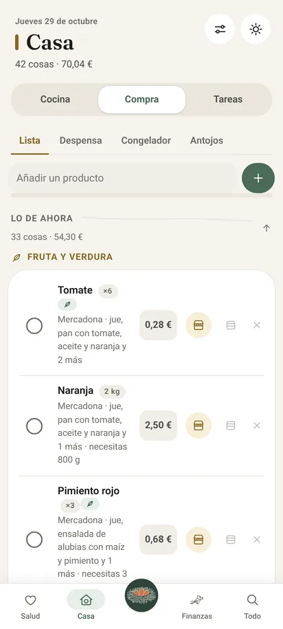La lista de la compra ordenada por pasillos, con precios